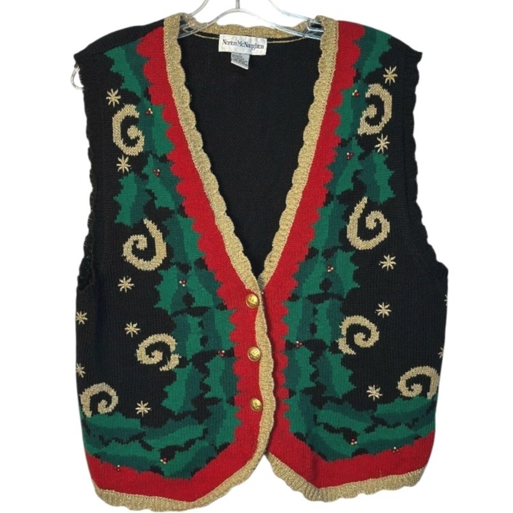 Norton McNaughton Vintage Christmas Holiday Vest Gold Trim Black Festive Party L